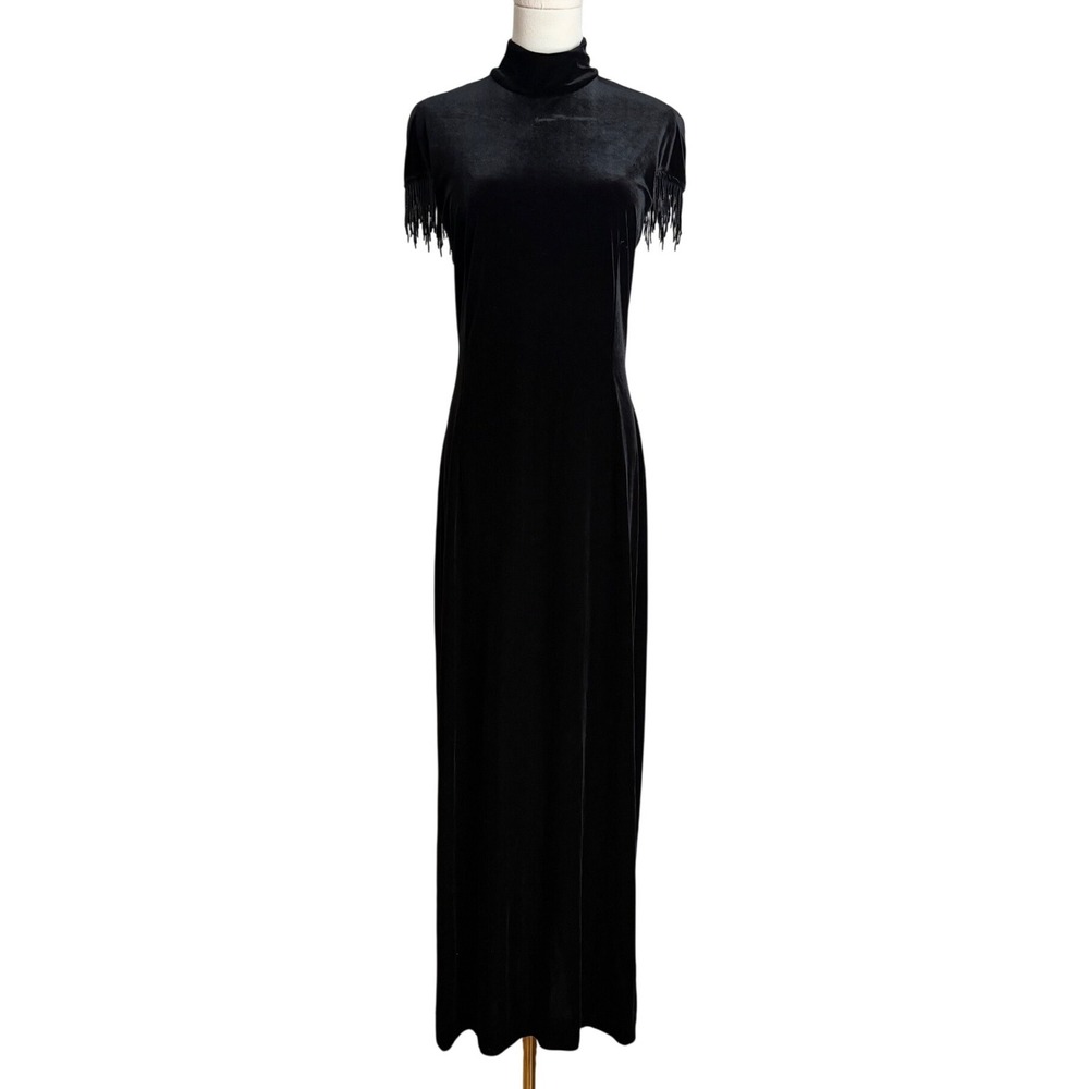 Vintage Black Velvet Fringe Evening‎ Dress Size 10 Open Back Maxi Goth Glam